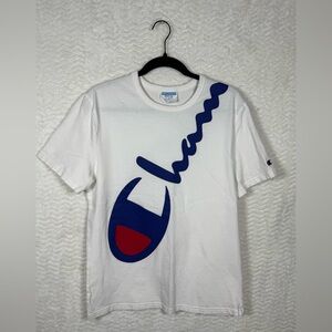 Champion White Tee with Blue and Red Graphic. Vintage classic. Size medium